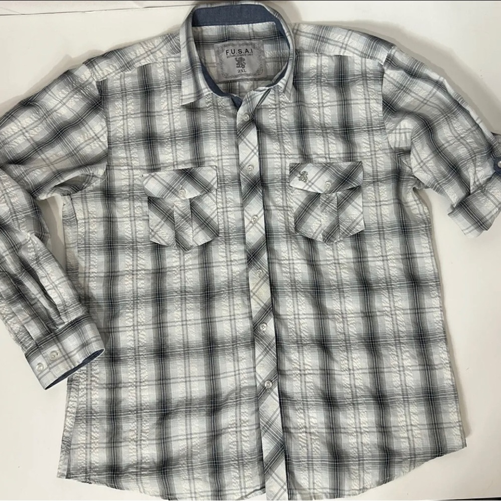 F.U.S.A.I. Plaid Black White Gray Blue Button-Up Shirt 2XL Roll Tab Crinkle
